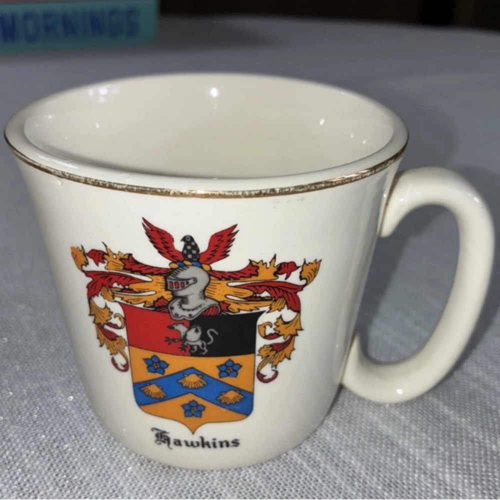 HAWKINS Family Crest Mug Coat of Arms Cup Blue Red White Ceramic Coffee Gold Rim